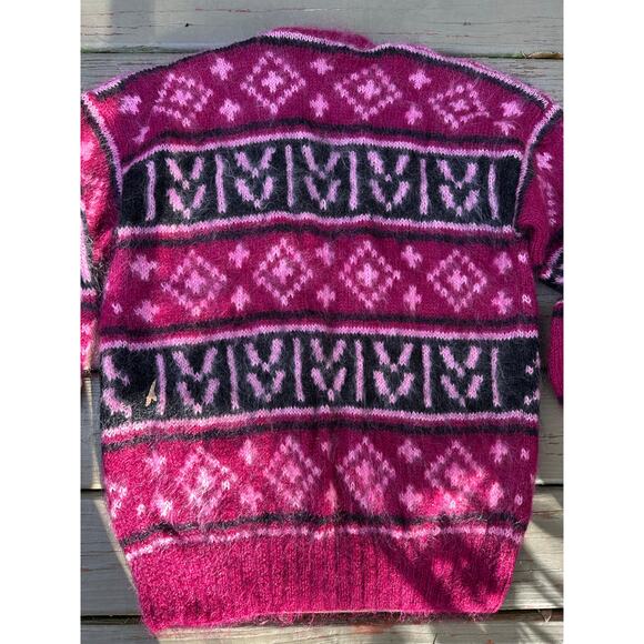 Vintage mohair-blend cardigan Fair Isle magenta black open front hand knitted - Picture 9 of 11